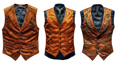 Elegant orange floral patterned waistcoats displayed with different styling options isolated on transparent , showcasing fashionable formal wear suitable for weddings and special occasions.