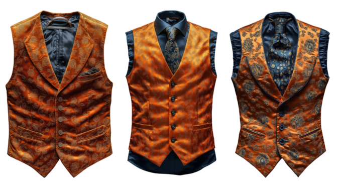 Elegant orange floral patterned waistcoats displayed with different styling options isolated on transparent , showcasing fashionable formal wear suitable for weddings and special occasions.