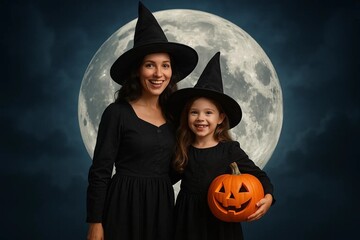 Mother and Daughter in Witch Costumes Celebrating Halloween