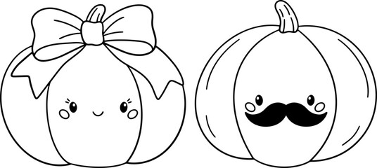 Kawaii doodle pumpkins in black and white line art, one with a big bow and smiling face, the other with a mustache, designed as a Halloween themed coloring page or vector illustration.