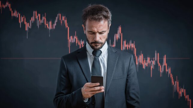 A businessman in a suit checks his smartphone amidst a backdrop of declining stock market graphs.
