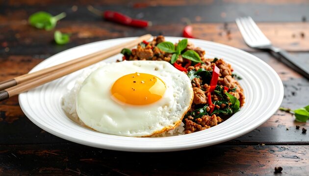 Fried egg, rice, and spicy minced meat dish on a plate
