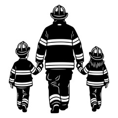 Firefighter Walking with Two Children Holding Hands, Fireman, Family, Hero, Service, Community