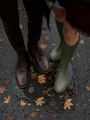 Autumn Boots and Fallen Leaves on a Wet Pavement