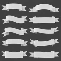 Curved 3D ribbon banner with a blank waving label. Retro-style text frame for emblems, badges, or title tags. Realistic white fabric scroll ribbons, provided as isolated decorative vector templates.
