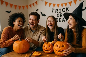 Friends Carving Pumpkins Together for Halloween Celebration