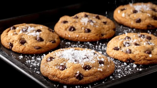 Chocolate chip cookies on baking sheet with sugar sprinkles overhead view