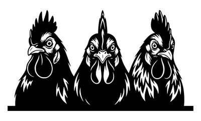 Three Roosters Heads Vector Silhouette, Chicken, Farm, Bird, Poultry, Mascot