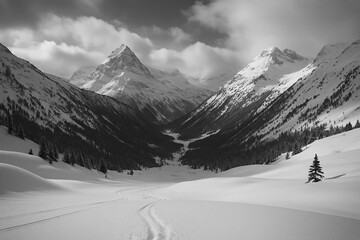 Winter Mountain Landscape with Snow Covered Peaks