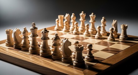 Elegant chess set poised for strategic gameplay on a refined wooden board, perfect for showcasing intellect and planning skills in your next project