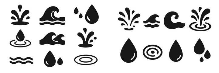 Water droplets and wave symbols in various designs for creative projects and illustrations