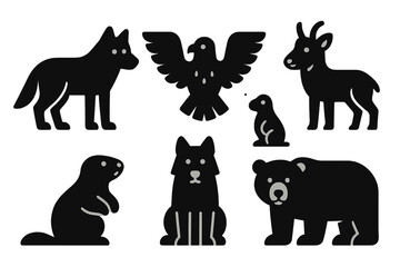 Wildlife silhouettes showcasing a variety of animals including a fox, eagle, goat, and bear against a simple background