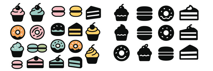 Colorful dessert icons featuring cupcakes, macarons, donuts, and cakes arranged in a playful pattern on a white background