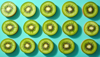 Flat Lay of Kiwi Fruit Halves on Teal Background Fresh Green Kiwi Slices Abstract Food Pattern Geometric Arrangement Clean Modern Food Photography Bright Lighting
