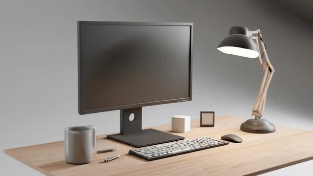 A minimalist home office setup with a monitor, keyboard, mouse, lamp, mug, and small block on a wooden desk. Neutral colors