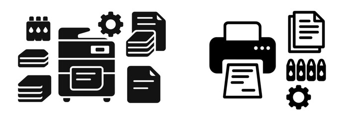 Illustration of office equipment showing a copier and printer with supplies and documents