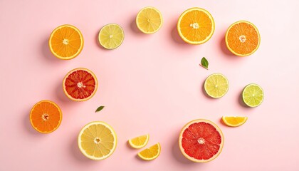 Flat Lay of Sliced Citrus Fruits on Pastel Pink Background Vivid Oranges Limes Lemons and Grapefruit Creating a Colorful and Refreshing Composition