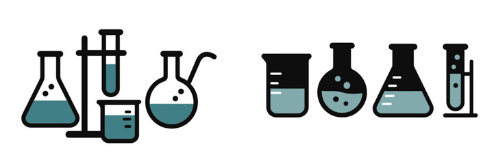 Illustration of laboratory glassware with different containers and liquids in teal color for educational science activity