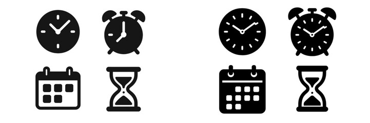 Various clock and calendar icons representing time management and scheduling in minimalistic design