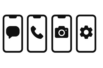 Icons representing messaging, calling, taking photos, and settings on smartphone screens in a modern design