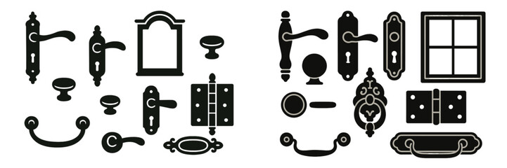 Collection of decorative hardware featuring door handles, locks, window frames, and hinges displayed on a white background