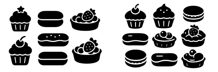 Variety of delicious desserts displayed in a neat layout featuring cupcakes, macarons, and tarts