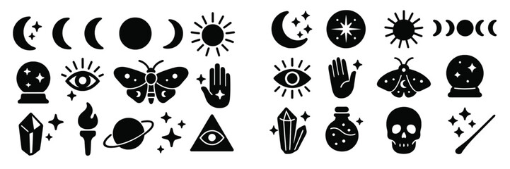 Various mystical symbols and icons showcasing celestial themes and supernatural elements found in magical practices