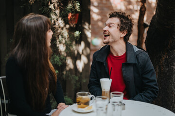 Friends enjoy a cheerful conversation at an outdoor cafe, sharing tea and a latte while laughing together.