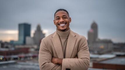 A confident man standing outdoors, smiling with city skyline in the background, embodying positivity and success.