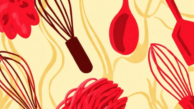 Vibrant red kitchen utensils on textured background cooking concept