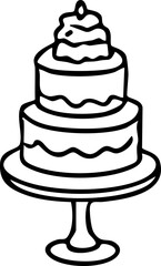 Black outline illustration of a layered cake with cream on a stand. Simple vector design suitable for bakery, celebration, wedding, birthday, and menu projects