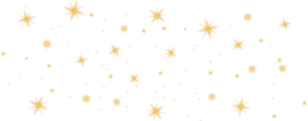 Golden glowing stars scattered on a transparent background. Sparkling light effect vector illustration for festive decoration, holiday design, and celebration projects