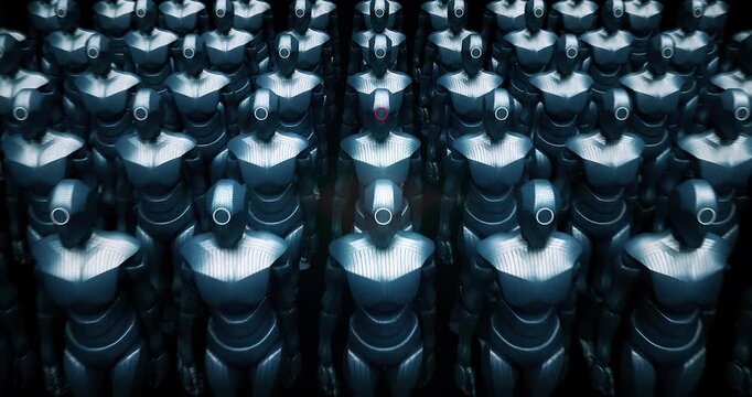 Futuristic humanoid cyborgs walking together in science fiction scene. Technology Related Abstract 3D Concept Animation.