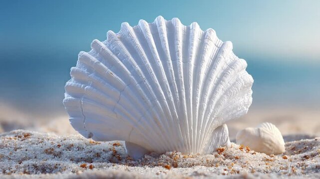 Close up of a white seashell on a sandy beach with sunlight