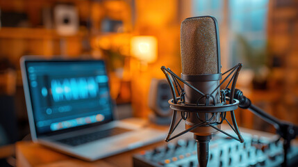 modern podcast studio interior showcasing a laptop and microphone arrangement