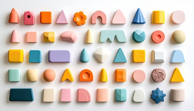 Colorful shapes arrangement on a white background, used for education and learning