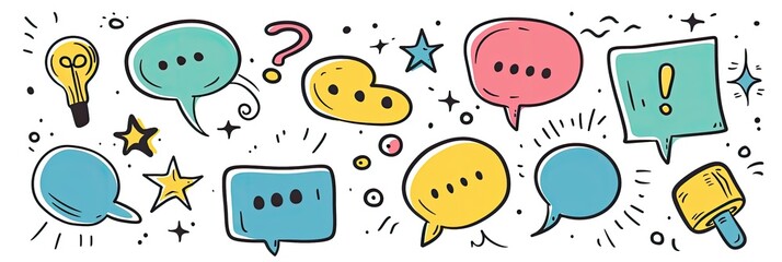 Colorful speech balloons with symbols drawn for communication in doodle style