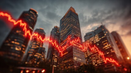 Obraz premium A dramatic cityscape featuring a stock market decline represented by a red line graph overlaying skyscrapers.