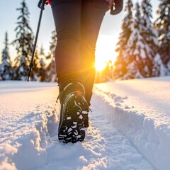 Hiking in snowy mountains at sunset