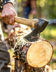 Close-up of an axe chopping wood