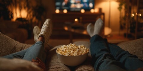 A couple sitting on a couch with a bowl of popcorn, watching TV in a cozy living room with warm lighting and a wooden coffee table in the background.
