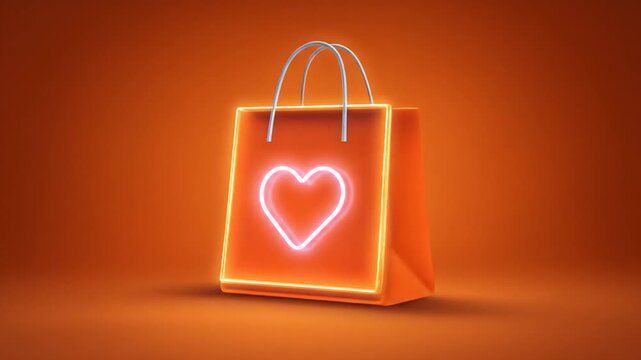Vibrant orange shopping bag with glowing heart symbol on orange background