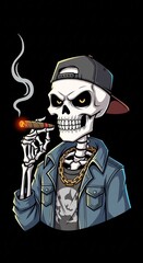 Cool gangster skeleton character in urban streetwear smoking a cigar, a modern vector mascot illustration for t-shirt design.