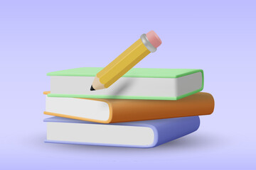 Fototapeta premium 3D vector illustration render of a stack of books with pencils on top. Learning, reading and writing concept. For educational materials, libraries or teaching graphic design at all levels.