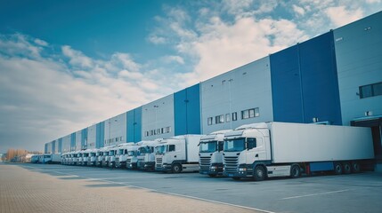 Obraz premium A line of large trucks parked beside a modern warehouse under a blue sky with clouds, showcasing transport logistics.