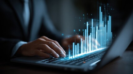 A professional analyzing data on a laptop, illustrating modern technology and financial growth through digital graphs.