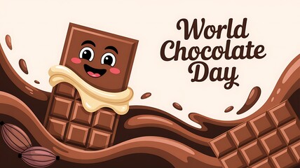 Happy world chocolate day illustration with smiling chocolate bar and melted cocoa splash for sweet festive celebration