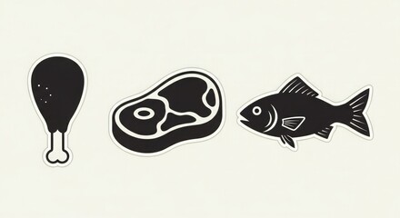 Black and white food icons chicken leg steak and fish protein source nutrition diet healthy eating concept