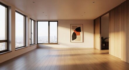 Modern Minimalist Living Room with City View and Abstract Art