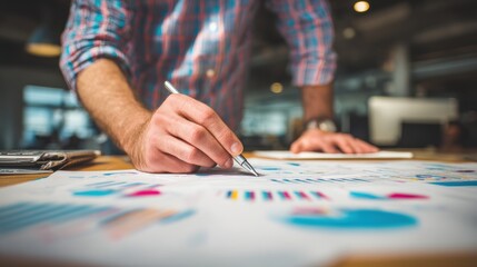 Obraz premium A professional analyzing data trends with graphs and charts in a modern office environment.